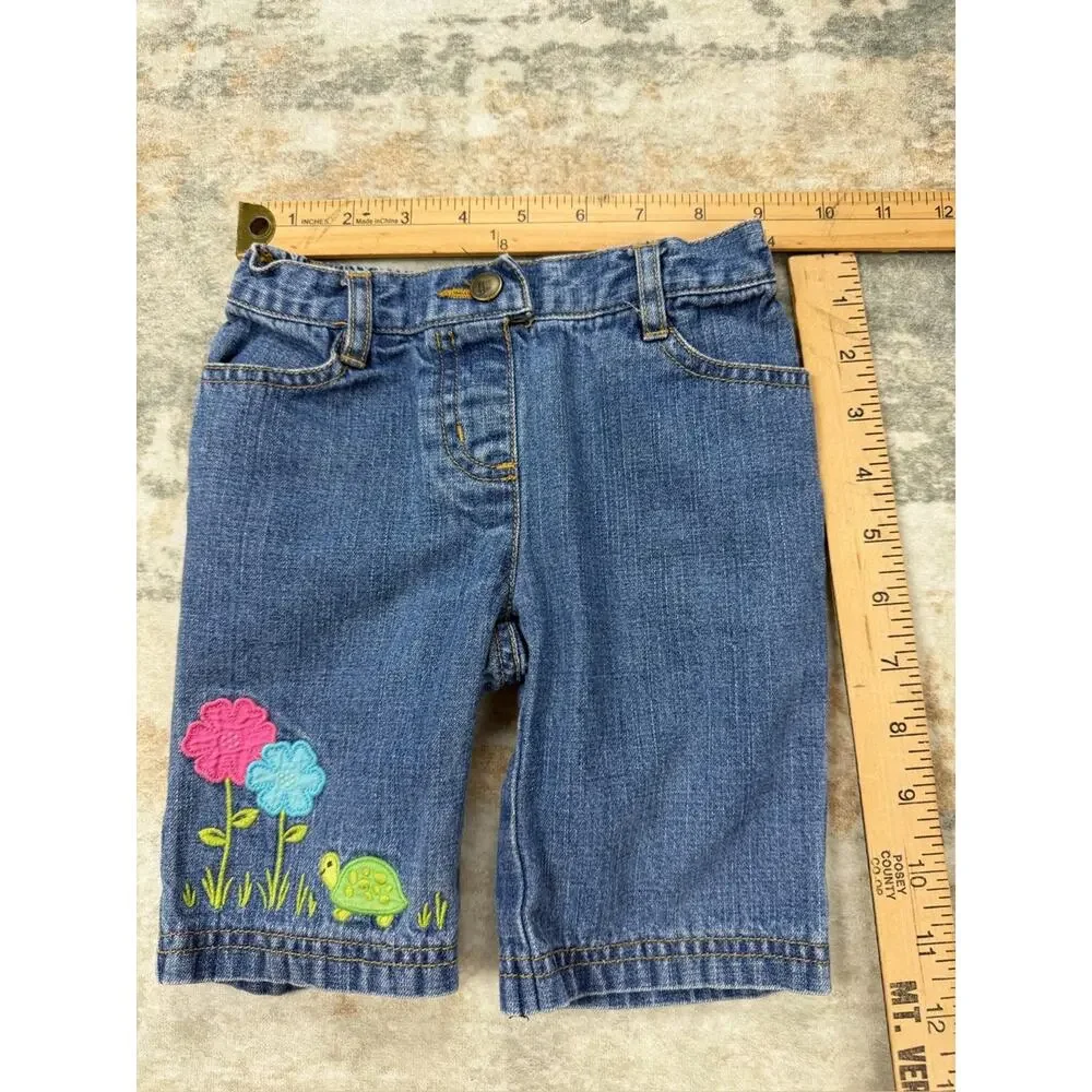 2008 Gymboree Girls Embroidered Denim Pants/Capri Turtle Flowers 12-18M